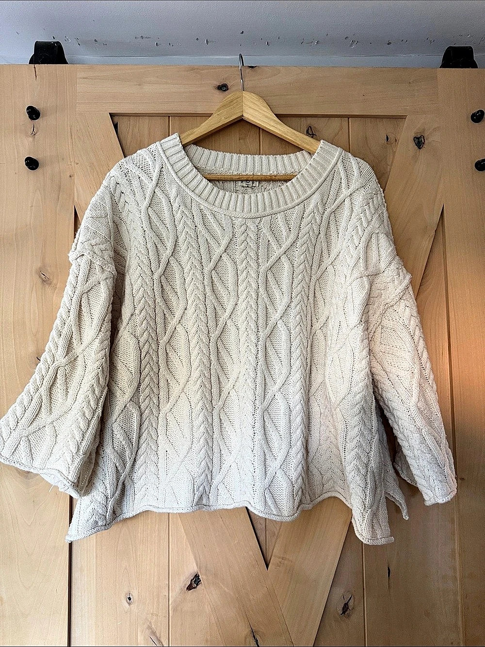 Pol Cable Knit Boxy Cropped Dropped shoulder Crew Neck Sweater Cream Large